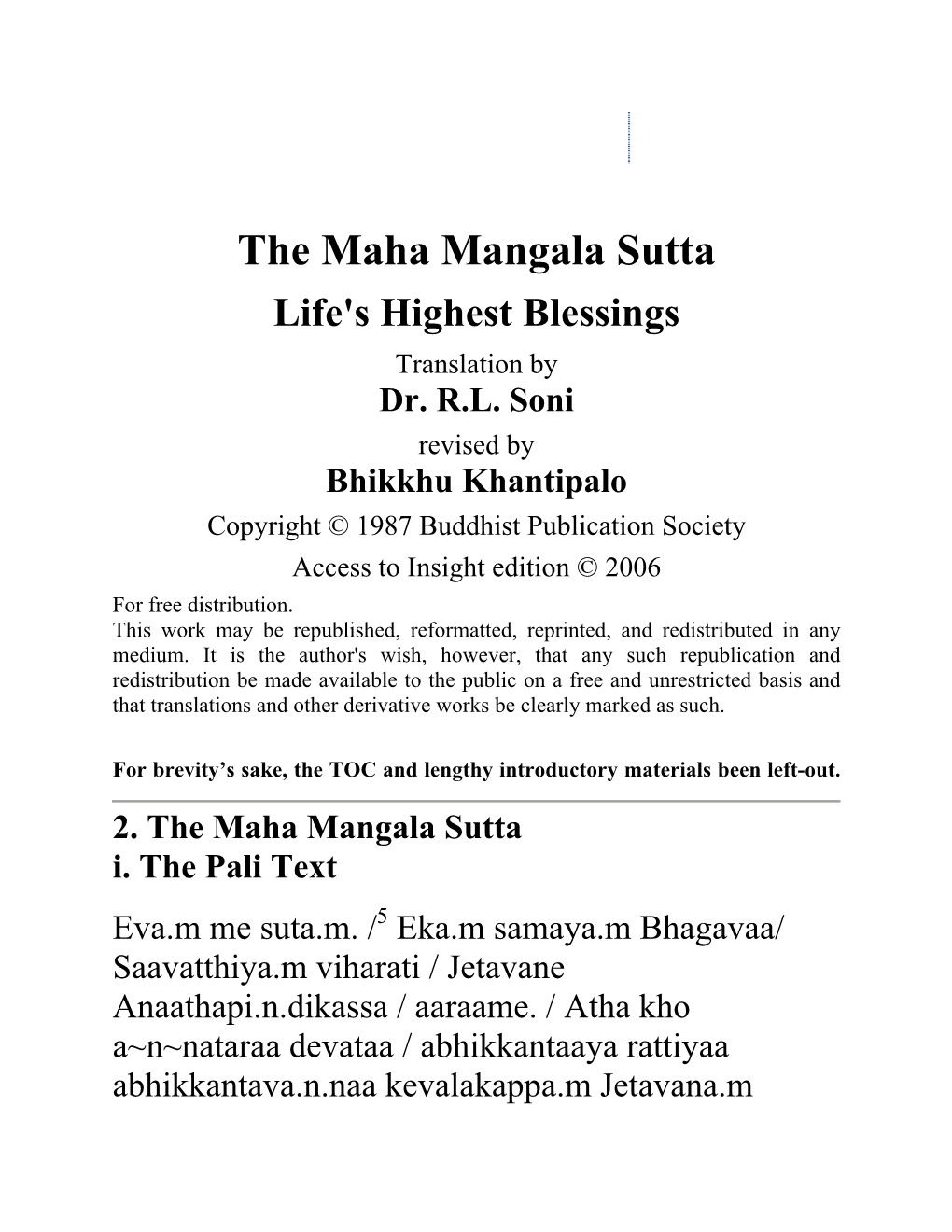 The Maha Mangala Sutta Life's Highest Blessings Translation by Dr