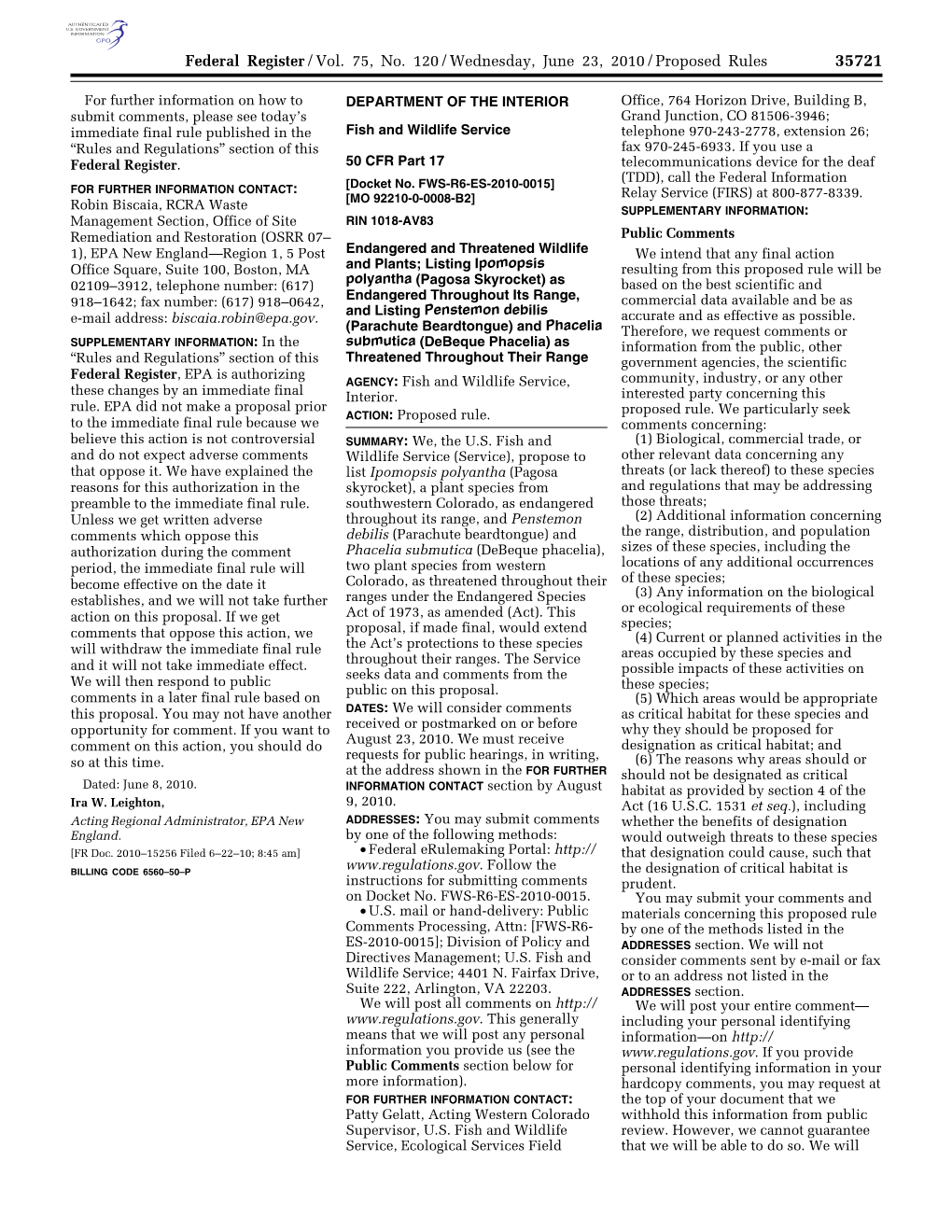 Listing Ipomopsis Polyantha Is an Herbaceous Proposal