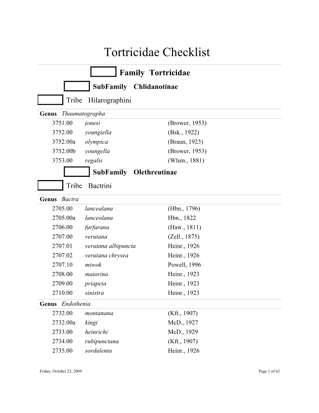 Tortricidae Checklist