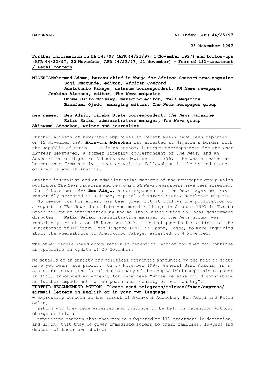 AFR 44/21/97, 5 November 1997) and Follow-Ups (AFR 44/22/97, 20 November, AFR 44/23/97, 21 November) - Fear of Ill-Treatment / Legal Concern