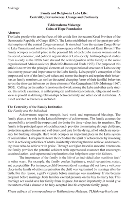 Family and Religion in Luba Life: Centrality, Pervasiveness, Change and Continuity