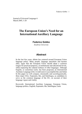 The European Union's Need for an International Auxiliary Language