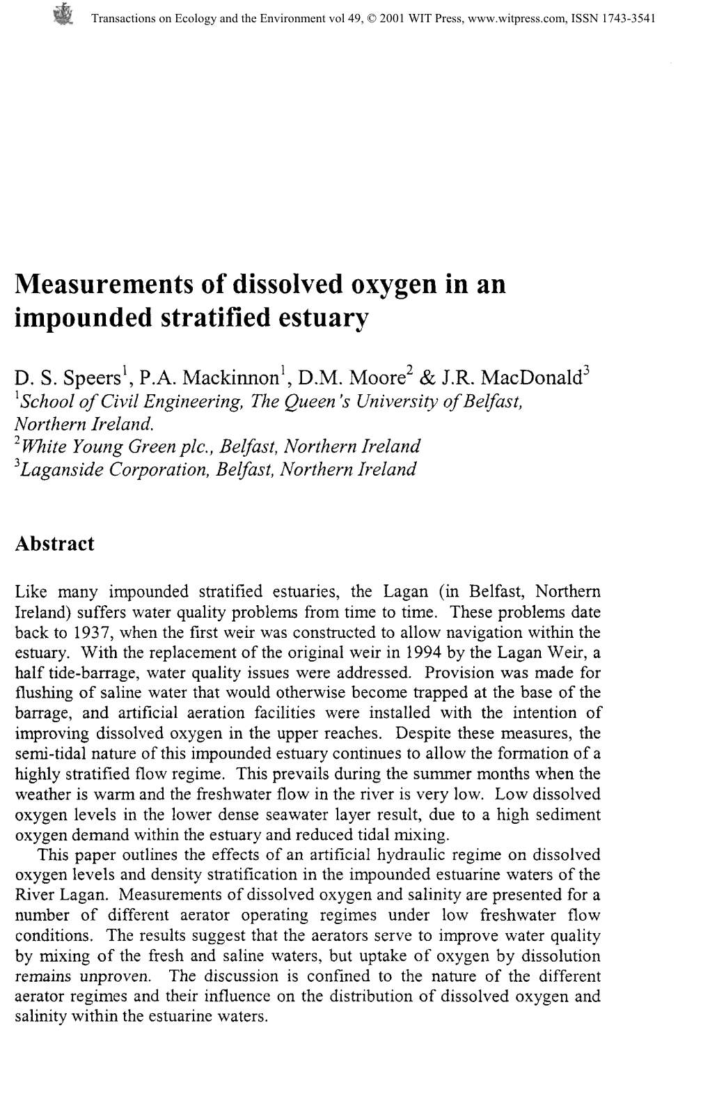 Measurements of Dissolved Oxygen in an Impounded Stratified Estuary