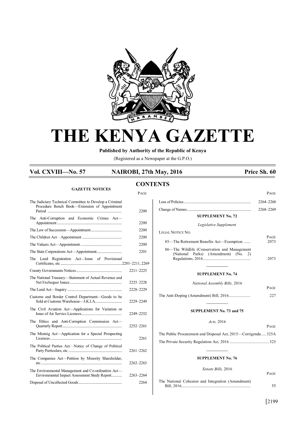 THE KENYA GAZETTE Published by Authority of the Republic of Kenya (Registered As a Newspaper at the G.P.O.)