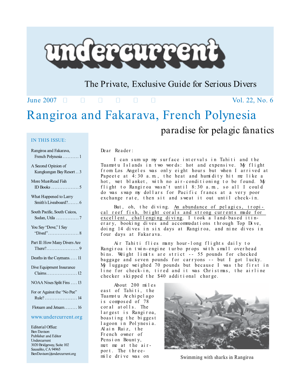 Rangiroa and Fakarava, French Polynesia + [Other Articles] Undercurrent, June 2007