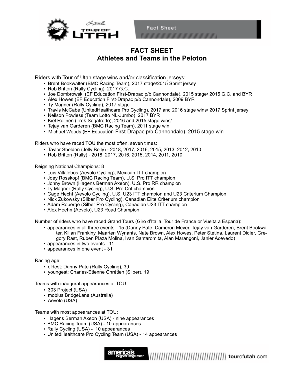 FACT SHEET Athletes and Teams in the Peloton