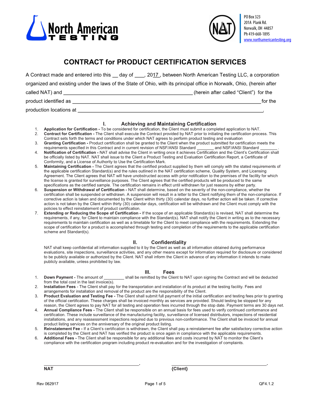 CONTRACT for PRODUCT CERTIFICATION SERVICES