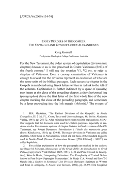 Greg Goswell, “Early Readers of the Gospels: the KEPHALAIA and TITLOI of Codex Alexandrinus”