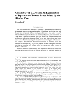 CHECKING the BALANCES: an Examination of Separation of Powers Issues Raised by the Windsor Case Derek Funk*