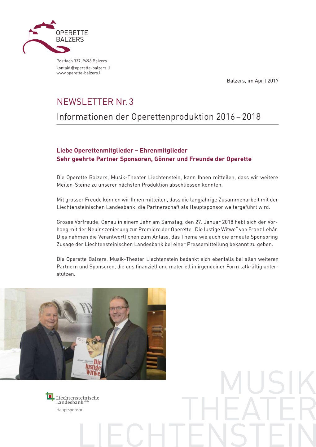 NEWSLETTER Nr. 3 Informationen Der Operettenproduktion 2016 – 2018