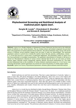 Phytochemical Screening and Nutritional Analysis of Medicinal Plant-Aglaia Lawii