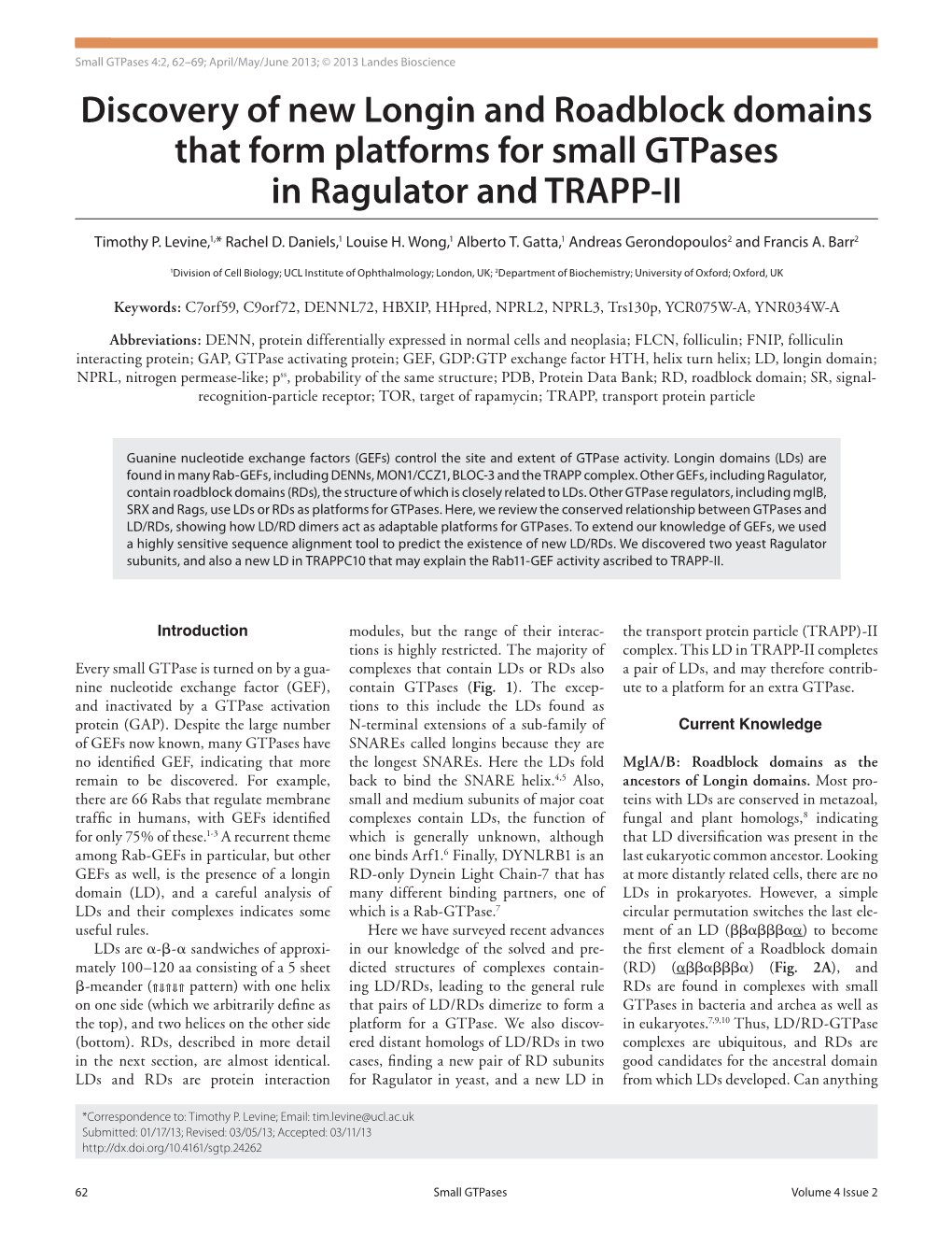 Discovery of New Longin and Roadblock Domains That Form Platforms for Small Gtpases in Ragulator and TRAPP-II