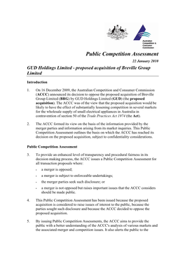 Public Competition Assessment 22 January 2010 GUD Holdings Limited - Proposed Acquisition of Breville Group Limited