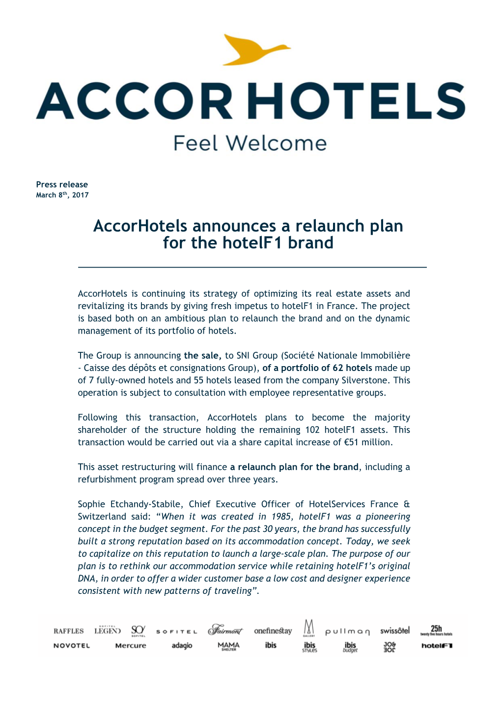 Accorhotels Announces a Relaunch Plan for the Hotelf1 Brand