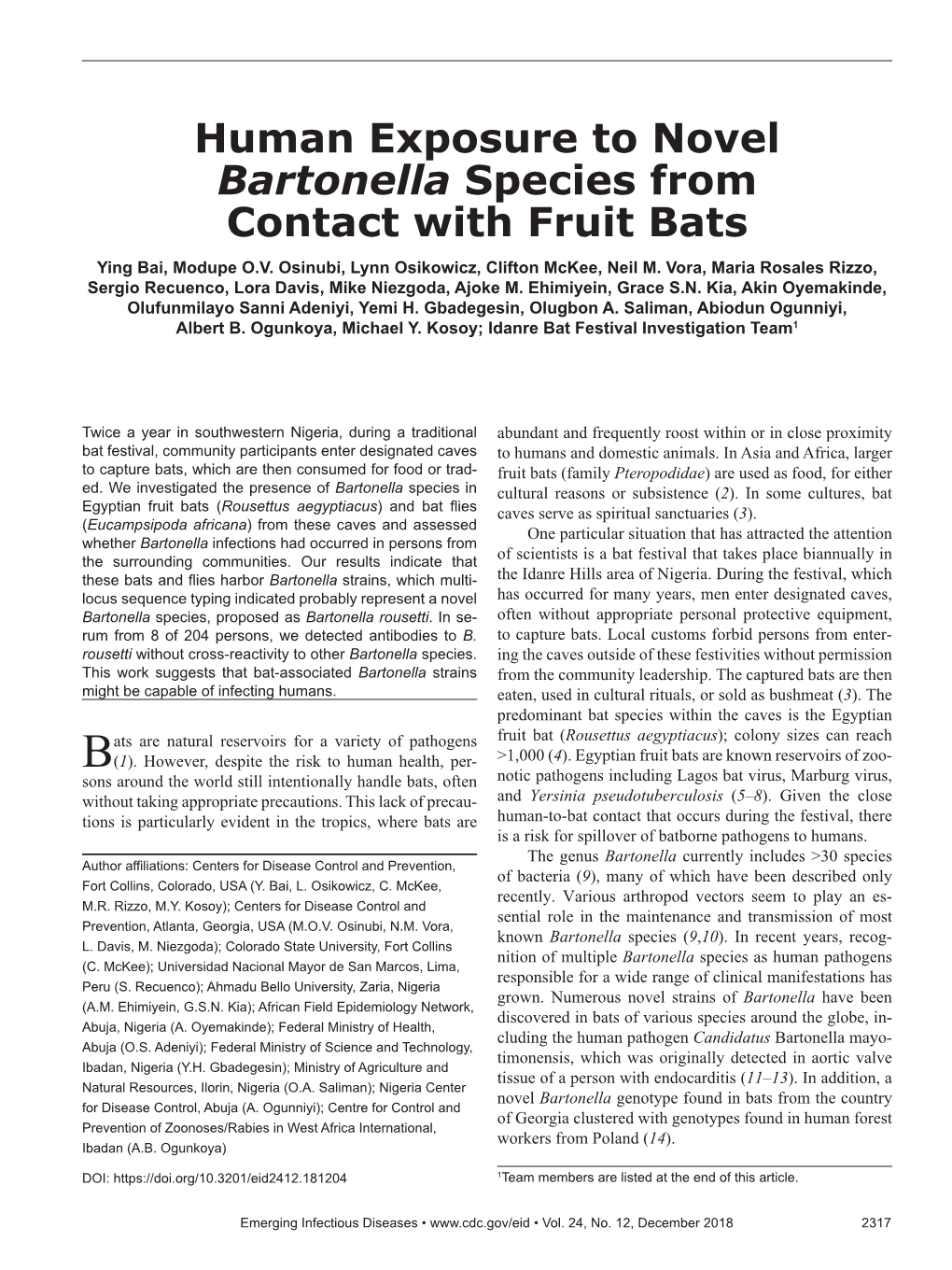 Human Exposure to Novel Bartonella Species from Contact with Fruit Bats Ying Bai, Modupe O.V