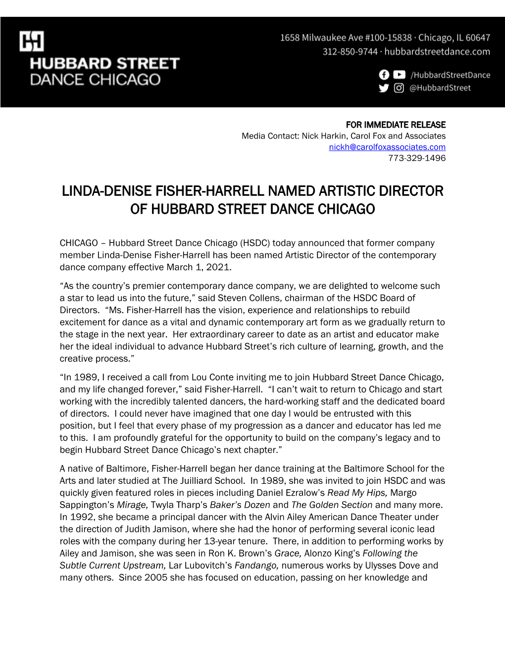 Linda-Denise Fisher-Harrell Named Artistic Director of Hubbard Street Dance Chicago