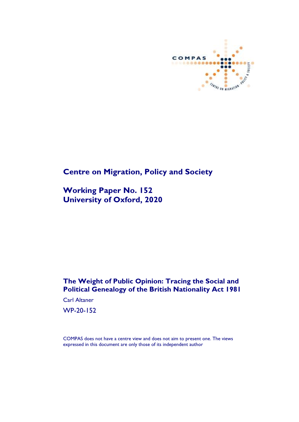 Centre on Migration, Policy and Society Working Paper No. 152