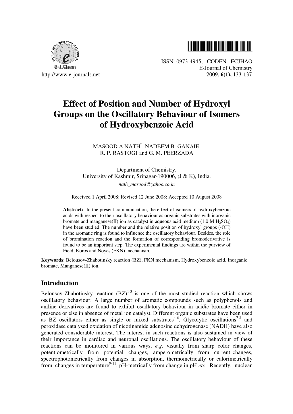 Effect of Position and Number of Hydroxyl Groups on the Oscillatory Behaviour of Isomers of Hydroxybenzoic Acid