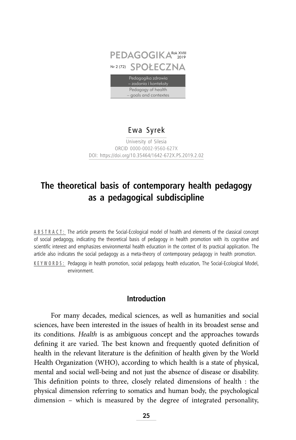 The Theoretical Basis of Contemporary Health Pedagogy As a Pedagogical Subdiscipline