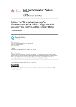 South Asia Multidisciplinary Academic Journal, 22 | 2019 Crisis of the “Nehruvian Consensus” Or Pluralization of Indian Politics? Alig