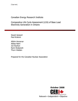 Comparative Life Cycle Analysis of Base Load Electricity in Ontario