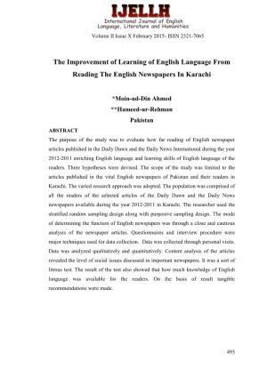 The Improvement of Learning of English Language from Reading the English Newspapers in Karachi