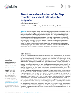 Structure and Mechanism of the Mrp Complex, an Ancient Cation/Proton Antiporter Julia Steiner, Leonid Sazanov*