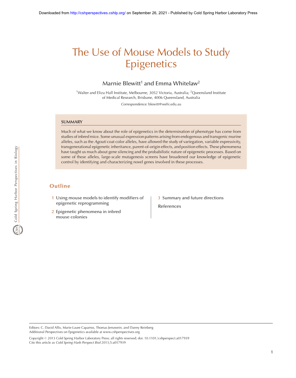 The Use of Mouse Models to Study Epigenetics