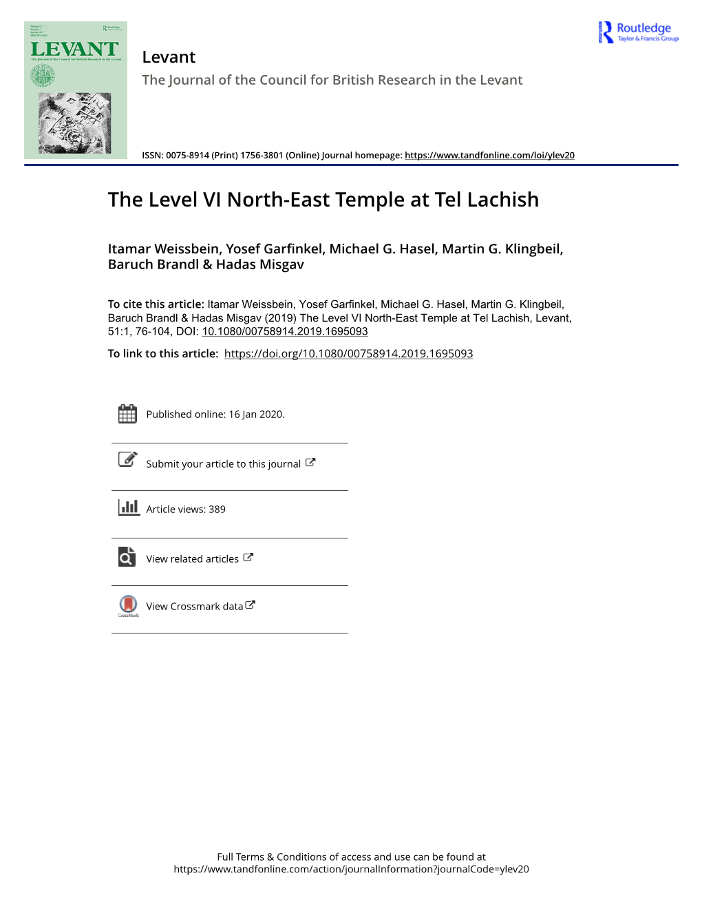 The Level VI North-East Temple at Tel Lachish