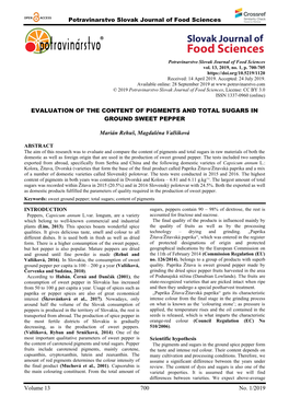 Potravinarstvo Slovak Journal of Food Sciences Volume 13 700 No. 1/2019 EVALUATION of the CONTENT of PIGMENTS and TOTAL SUGARS I