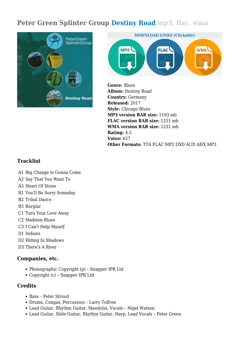 Peter Green Splinter Group Destiny Road Mp3, Flac, Wma