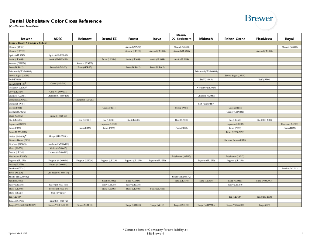 Dental Upholstery Color Cross Reference (V) = Vacuum Form Color