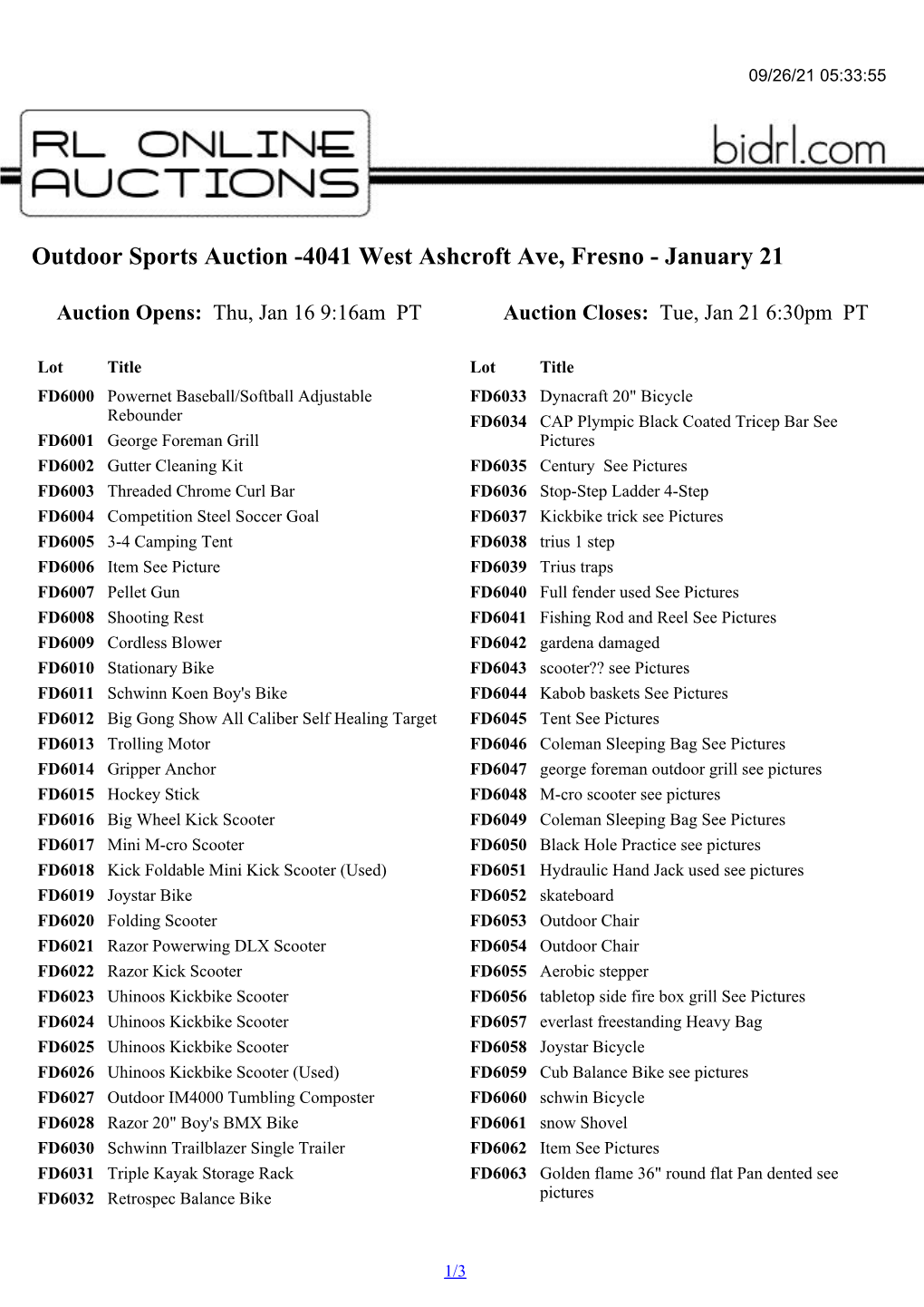 Outdoor Sports Auction -4041 West Ashcroft Ave, Fresno - January 21