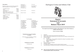 Darlington Cricket and Athletic Club Report Statement of Accounts And