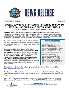 Dallas Cowboys and Pittsburgh Steelers to Play in 2020 Hall Of