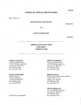 COURT of APPEAL for ONTARIO APPELLANT's FACTUM VOLUME 1 PARTS I To