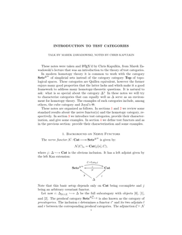 INTRODUCTION to TEST CATEGORIES These Notes Were