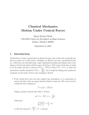 Classical Mechanics Motion Under Central Forces