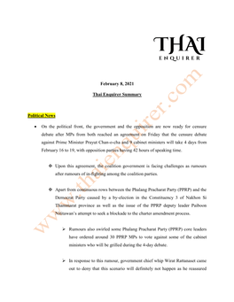 February 8, 2021 Thai Enquirer Summary Political News • on The