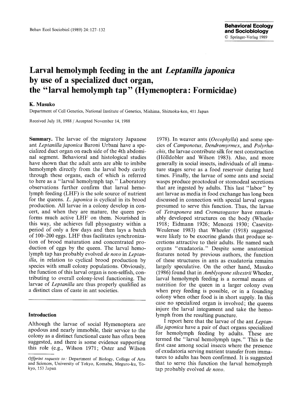 Larval Hemolymph Feeding in the Ant <Emphasis Type=