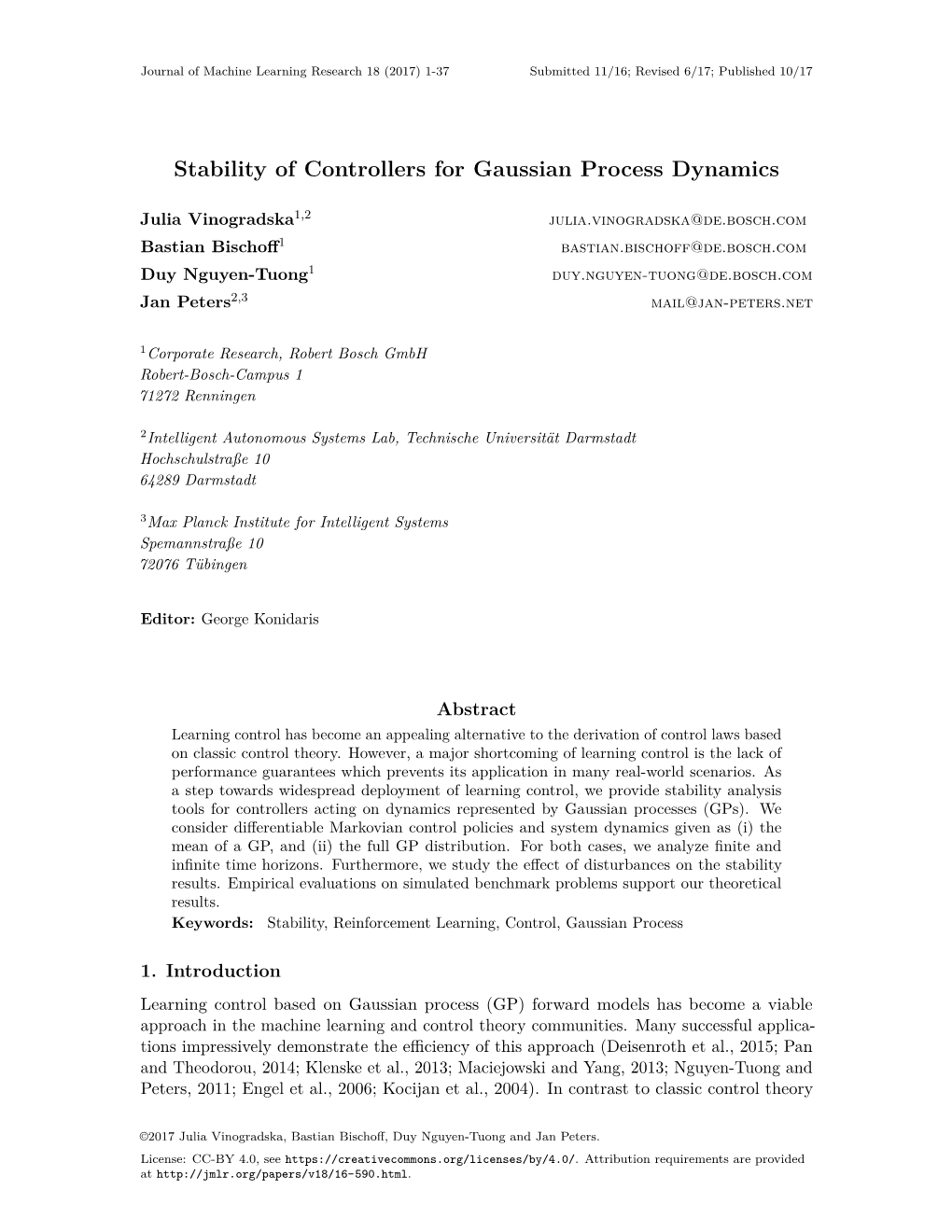 Stability of Controllers for Gaussian Process Dynamics