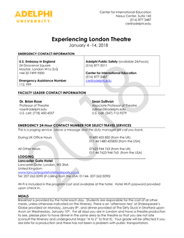 Experiencing London Theatre January 4 -14, 2018