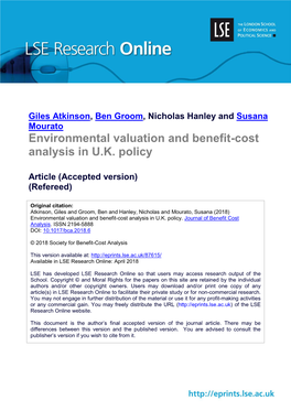 Environmental Valuation and Benefit-Cost Analysis in U.K. Policy