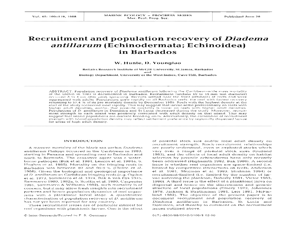 Recruitment and Population Recovery of Diadema Antillarum (Echinodermata; Echinoidea) in Barbados
