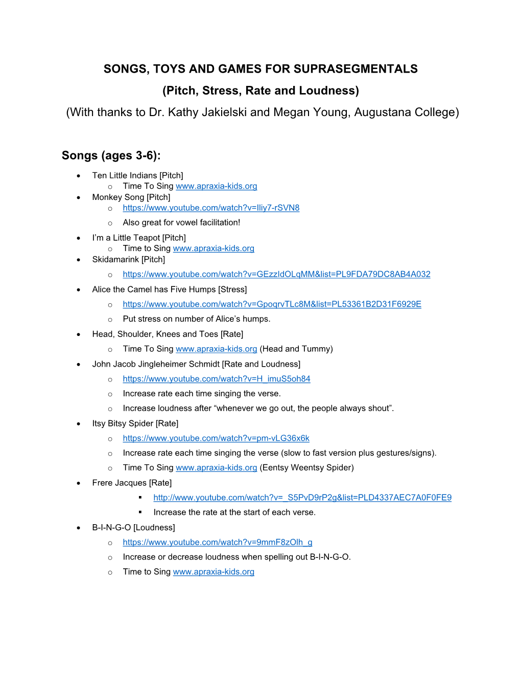 SONGS, TOYS and GAMES for SUPRASEGMENTALS (Pitch, Stress, Rate and Loudness) (With Thanks to Dr. Kathy Jakielski and Megan Young, Augustana College)