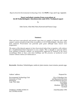 Insect and Plant Remains from Excavations at 16-18 Netherkirkgate, Aberdeen (Site Code E35): Technical Report