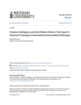 The Impact of Voluntarist Theology on Seventeenth-Century Natural Philosophy