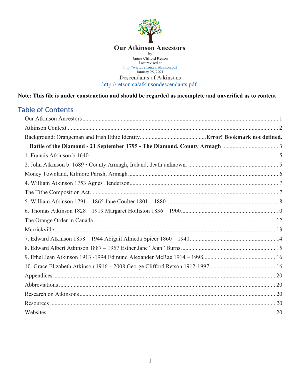 Table of Contents Our Atkinson Ancestors