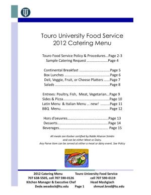 Touro University Food Service 2012 Catering Menu