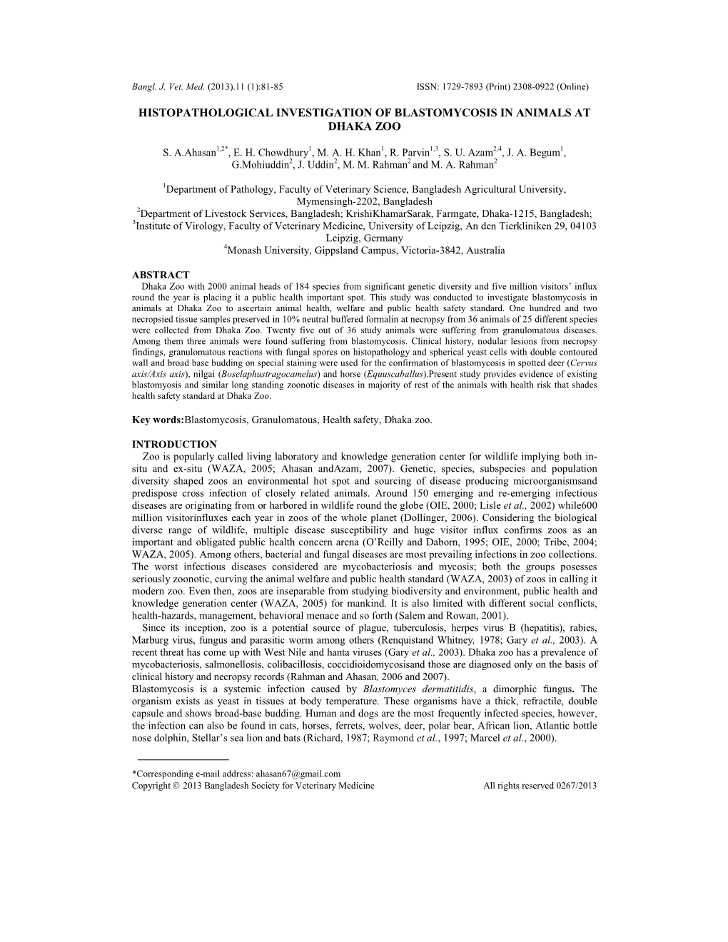 Histopathological Investigation of Blastomycosis in Animals at Dhaka Zoo